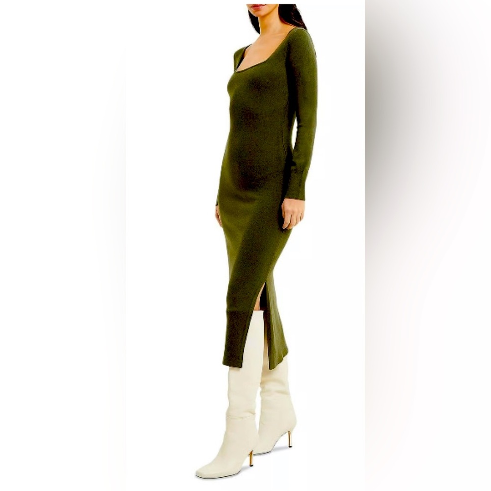 French Connection Babysoft Square Neck Midi Dress - Olive Green Size M